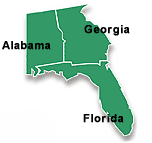 Map of Atlanta Region, Region includes Alabama, Georgia and Florida