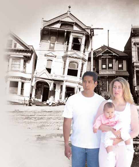 Composite photo of 1906 damaged buildings and modern family in foreground