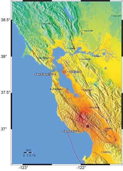 map of Bay Area showing areas that shook most in 1989