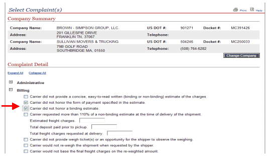 Screenshot of the 'Company Summary/Complaint Detail' page with an arrow pointing out the options under the 'Billing' category.