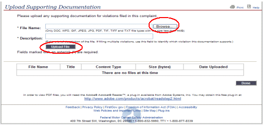 Screenshot of the 'Upload Supporting Documenting' page with the 'Browse' and 'Upload File' buttons highlighted.