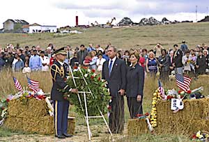 Honoring United Airlines Flight 93 victims in a wreath laying ceremony at the crash site near Shanksville, PA, September 11.