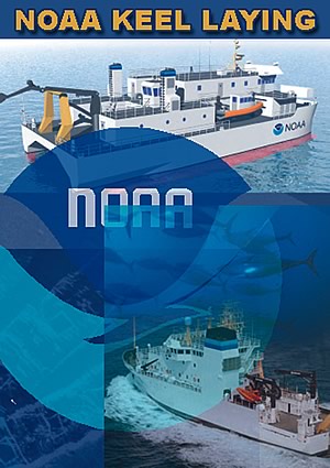 Collage representing new NOAA ships, including the Small Water-Plane-Area Twin Hull (SWATH) Coastal Mapping Vessel (top) and the HENRY B. BIGELOW - launched on July 8, 2005.
