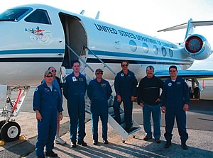Photo showing the crew of the NOAA Gulfstream-IV high-altitude jet taking part in the 2007 Winter Storms Reconnaissance Program.