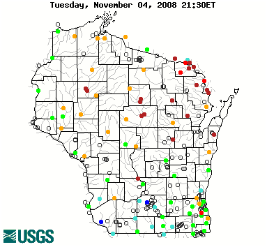 Current streamflow conditions in Wisconsin- click to see a live map.