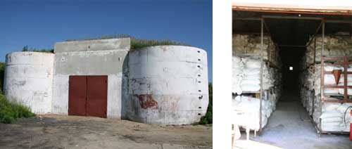 left photo, exterior of concrete bunker missile silo. right photo, interior of silo showing racks  and racks of white storage bags of pesticides