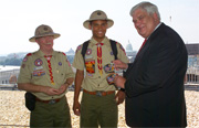 Public Printer Bruce James welcomes Scoutmaster Dan Russell and Scout Isaiah Haywood to GPO during the National Scout Jamboree’s visit to Washington, DC.