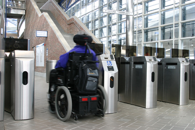 Accessible faregates at the Massachusetts Bay Transportation Authority. Visit MBTA on the web at: http://www.mbta.com/