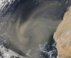 Satellite view of dust cloud over Atlantic Ocean