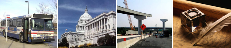 image of a bus, the us capital, highway under construction and a quill and parchment paper