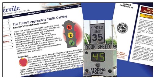 Collage of images including a screenshot of a web page, a brochure, and a photo of a device that shows both the posted speed limit and the actual speed of a vehicle as it approaches the device.