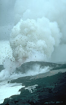 Steam explosion blasts lava fragments onto sea cliff, building a littoral cone