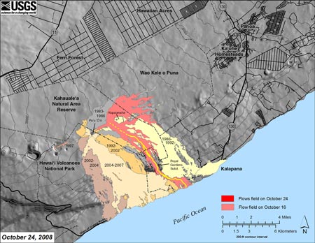 Map showing the extent of the July 21, 2007 eruption flow field, including the Thanksgiving Eve Breakout (TEB) flow, relative to surrounding communities. Light red is the area of the flow as of October 16, 2008, while the bright red shows the flow field expansion that occurred between October 16 and October 24. 