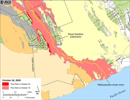Map showing the July 21, 2007 eruption flow field. The Thanksgiving Eve Breakout (TEB) flow is that portion of the July 21, 2007 eruption flow field that extends south from the TEB vent to the ocean. Light red is the area of the flow as of October 16, 2008, while the bright red shows the flow field expansion that occurred between October 16 and October 24.  