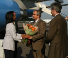 Secretary Rice arrives in Moscow and is welcomed by  Russian Director Igor Neverov of the Ministry of Foreign Affairs and Ambassador William Burns. State Department photo