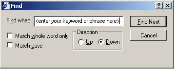 Image of the find dialog box with the words, enter your keyword or phrase here.