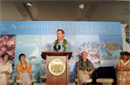 Deputy Commerce Secretary David A. Sampson makes remarks at the ceremony unveiling the native name of the Northwestern Hawaiian Islands Marine National Monument while Hawaii governor Linda Lingle (center) and First Lady Laura Bush (left) look on