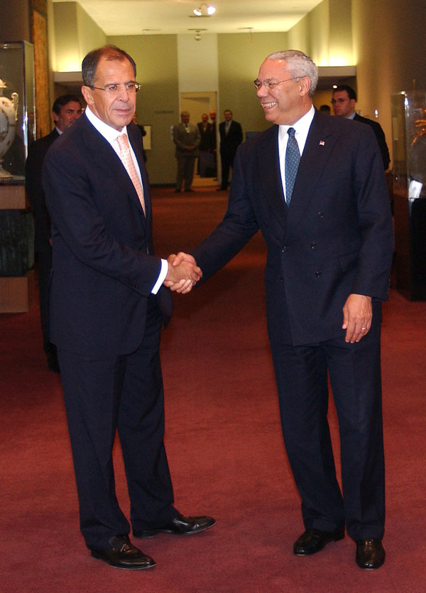 Secretary of State Colin Powell shakes hands with Russian Foreign Minister Sergei Lavrov in New York at the 59th UN General Assembly.  State Department photo by Michael Gross 