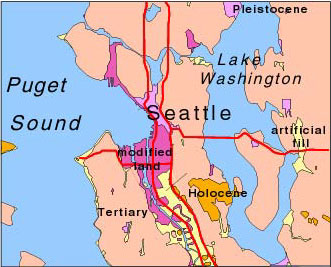 map showing general geologic units near Seattle; modified land underlies most of the harbor and city area