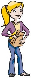 Drawing of girl holding a lunch bag.