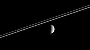 Distant Rhea (right) poses here for the Cassini spacecraft, as Pandora 
hovers against Saturn's dark shadow on the rings
