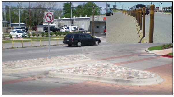 One photo showing a barrier island with a right turn only design and another photo showing lane delineator rods on the centerline that prevent traffic from turning.