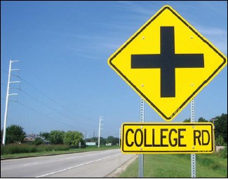 Photos of rural roadside signs indicating an intersection ahead and providing the name of the cross street.