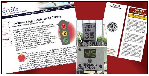 Collage of images, including a screenshot of a web page, a brochure, and a photo of a device that shows both the posted speed limit and the actual speed of a vehicle as it approaches the device.
