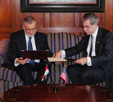 Secretary Gutierrez and Minister al-Sudani sign the Terms of Reference for the U.S.-Iraq Business Dialogue.  (September 2006, Washington, DC)