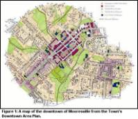 Figure 1: This figure shows a map of the downtown of Mooresville. Using different colors, this map shows the various development types that exist in the downtown area: open space/parks, town center, neighborhood center, neighborhood general, and civic/public buildings. This map is from the Town's Downtown Area Plan.