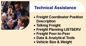 Technical Assistance consisting of the following: Freight Coordinator Position Description, Talking Freight, Freight Planning LISTSERVE, Freight Peer-to-Peer, Data and Analytical Tools, and Vehicle Size and Weight