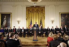 President George W. Bush at podium prior to the presentation of the 2007 National Medals of Science and Technology and Innovation in the East Room of the White House. Click here for larger image.