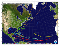 Storm tracks of the 2007 Atlantic hurricane season.