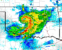 NOAA radar shows heavy rain associated with the remnants of Tropical Storm Erin, including an eye-like feature, crossing Oklahoma on August 19.