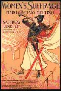 Poster announcing a women suffrage march and meeting with a picture of a women blowing a bugle and holding a while banner on a red pole