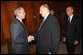 President George W. Bush greets Thomas Monson, President of the Church of Jesus Christ of Latter-day Saints at the church's headquarters Thursday, May 29, 2008, in Salt Lake City. Also pictured at right is Henry Eyring, First Counsel in the First Presidency.  White House photo by Eric Draper