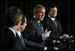 President George W. Bush speaks during a news conference with, from left, Prime Minister of Great Britain Tony Blair, President of Spain Jose Maria Aznar and Prime Minister of Portugal Jose Manuel Durao Barroso in The Azores, Portugal, Sunday, March 16, 2003.   White House photo by Eric Draper