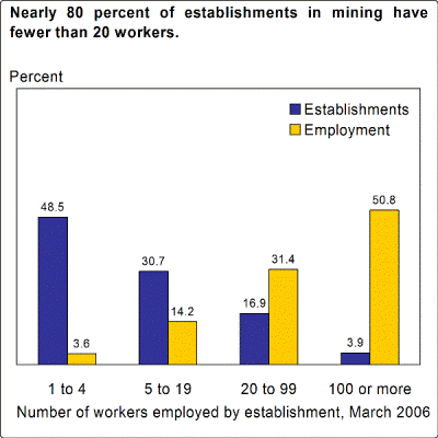 Nearly 80 percent of establishments in mining have fewer than 20 workers.
