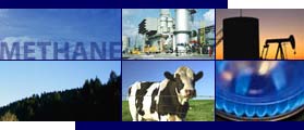 Photo collage of major methane emission sources (oil and natural gas systems, coal mining, landfills, agriculture) and utilization options (i.e., fuel combustion)