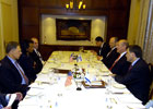 Secretary Rice prior at her dinner with Prime Minister Olmert, at the Prime Minister's Residence, Jerusalem.  Seated left to right: U.S. Ambassador to Israel Richard Jones, Secretary Rice, Deputy Nati