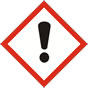 Symbol of a exclamation mark in a red diamond-shaped warning border that will appear on chemicals with less severe toxicity 