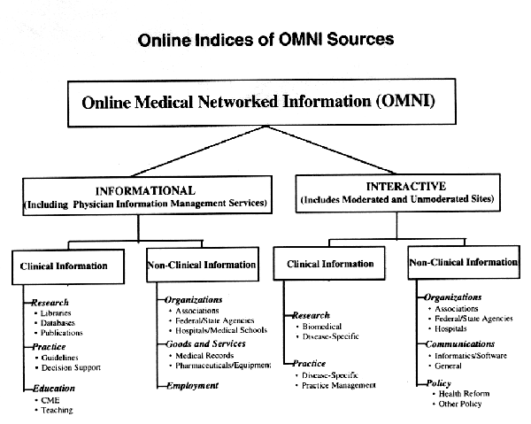 Chart divides OMNI materials in two categories, Informational and Interactive, and further divides each category into Clinical (Research, Practice, Education) and Non-clinical (Organizations, Communications, Goods and Services, Employment) Information.