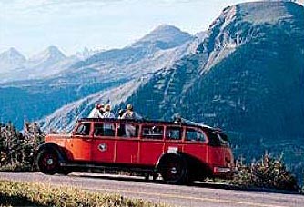 Historic red bus in Glacier National Park