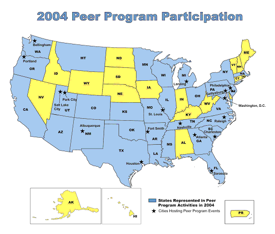 Map of USA showing areas of Peer Program participation