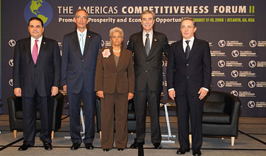 Secretary of Commerce Carlos M. Gutierrez (second from right) joined (from left) President Antonio Saca of El Salvador, President Alvaro Colom of Guatemala, Mayor Shirley Franklin of Atlanta, and President Alvaro Uribe of Colombia at the Americas Competitiveness Forum 2008 on August 17, 2008.