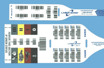 Illustration of St. Louis MMRS Patient Tracking Tags.  Routine (upper) and Disaster (lower) shows two different types of bar-coded patient tracking tags that are placed on patients in the field, one for routine  and one for disaster.