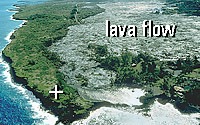 Aerial view of lava flow moving through Kalapana, Kilauea Volcano, Hawai`i