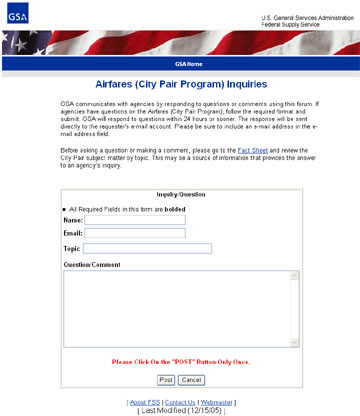 screenshot of Airfares (City Pair Program) Inquiries site