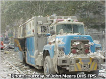 Truck covered in debris, New York City, 9/11/2001