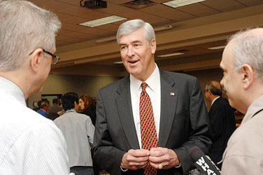 William G. Sutton, assistant secretary of commerce for manufacturing and services, responds to press questions about the importance of sustainable manufacturing at the SMART event in Rochester, New York, on September 23, 2008. 
